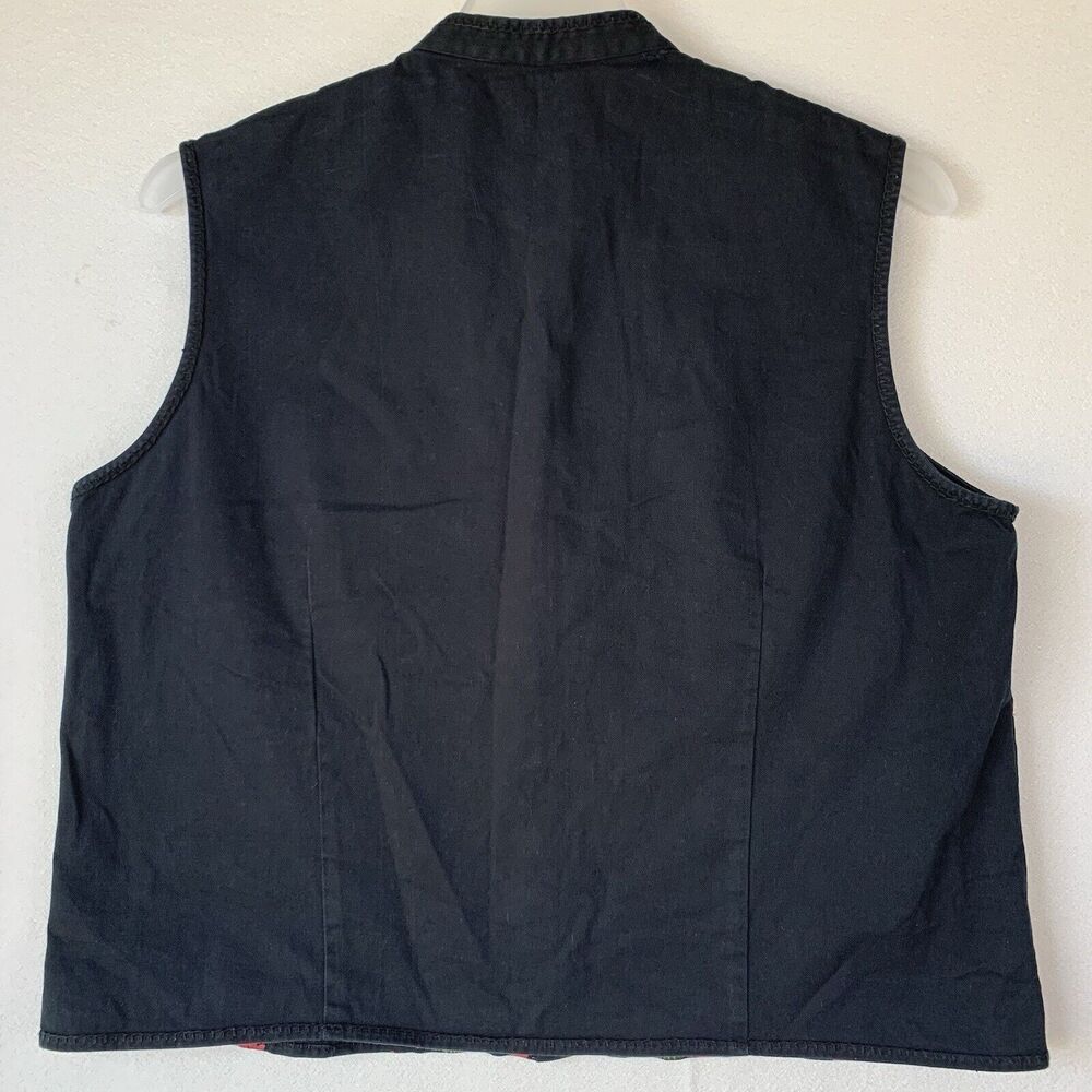 British Khaki Vest Women 1X Black Denim Snap Buttons Beaded Boho Artsy Floral - Picture 2 of 16